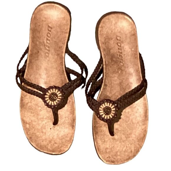 Bongo Flower Child Medallion Beaded Thong-Sandals Sz 8M Brown Cork Footbed 196C - Picture 1 of 9